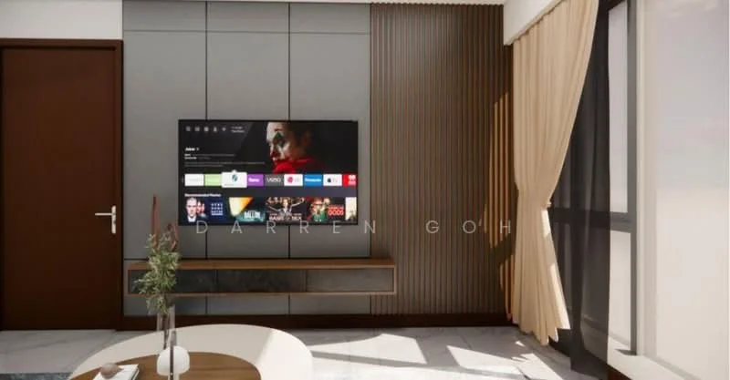Living features: wall-mounted TV, wooden TV console, grey accent wall, textured wood paneling, floor-to-ceiling windows, sheer curtains, coffee table, decorative plant, marble flooring; style: modern.