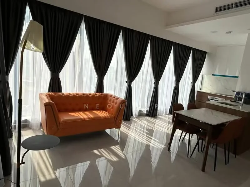 Living features: orange tufted sofa, white marble flooring, floor-to-ceiling windows, black curtains, round side table, dining table with four chairs, recessed ceiling lights, kitchenette with countertop; style: modern; view: city.