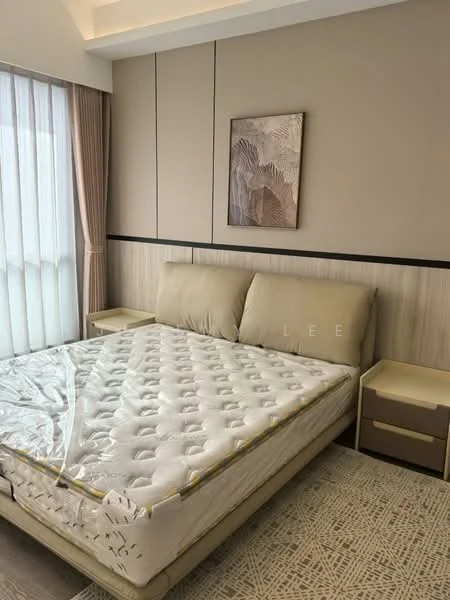 Bedroom features: queen-size bed, upholstered headboard, two bedside tables, framed artwork on wall, floor-to-ceiling window, sheer curtains, beige painted walls, carpet flooring, decorative wall paneling; style: modern.