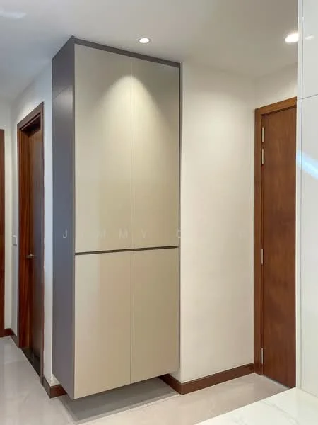 Room features: built-in cabinetry, two-tone cabinetry with beige and grey finish, smooth surface, recessed lighting, white painted walls, wooden door, glossy tile flooring; style: modern.