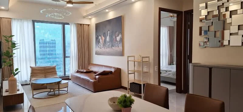 Living features: 3-seater leather sofa in brown, coffee table with round top, area rug with neutral color, floor-to-ceiling windows, sheer curtains, ceiling fan with light, decorative wall art, wall-mounted mirror, built-in shelving unit, dining table with upholstered chairs; style: modern; view: city.