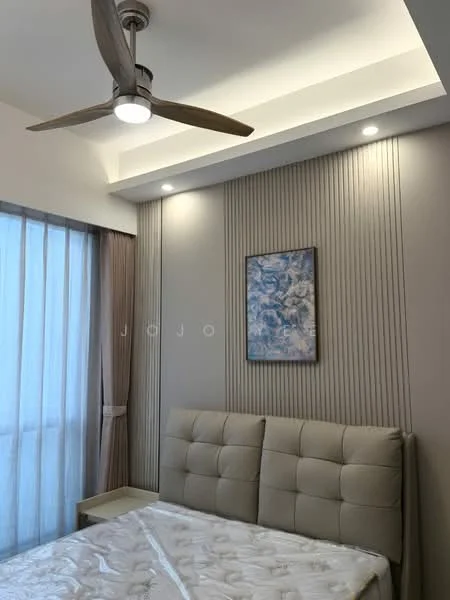 Bedroom features: queen-size bed, upholstered headboard, bedside table, floor-to-ceiling window, sheer curtains, recessed downlights, ceiling fan with light, decorative artwork on wall, textured wall paneling, neutral wall color, white bedding; style: modern.