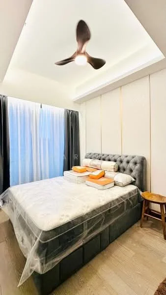 Bedroom features: king-size bed with upholstered headboard, bedside cushions, 5-blade ceiling fan with light, floor-to-ceiling windows, sheer curtains, blackout curtains, wooden flooring, decorative wall paneling, accent lighting, wooden stool; style: modern.