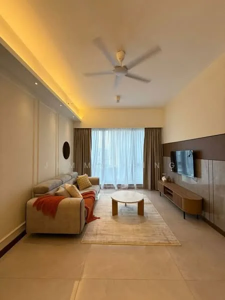 Living features: 3-seater fabric sofa in light grey, orange throw blanket, coffee table with round top, area rug with neutral tones, wall-mounted TV, TV console with storage, floor-to-ceiling windows, sheer curtains, ceiling fan with light, recessed lighting, cream painted walls, tile flooring; style: modern; view: city.