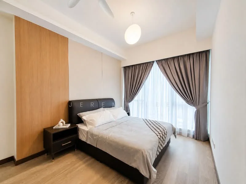 Bedroom features: queen-size bed, upholstered headboard, bedside table, table lamp, floor-to-ceiling windows, sheer curtains, blackout curtains, light wood flooring, recessed ceiling light, ceiling fan; style: modern.