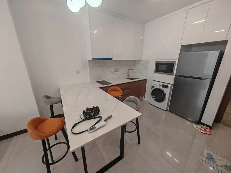 Kitchen features: white high-gloss cabinetry, marble countertop, stainless-steel fridge, built-in oven, washing machine, single-bowl stainless-steel sink, chrome pull-down faucet, bar stools with orange upholstery, pendant lighting, ceramic tile flooring, wall-mounted cabinets, grey backsplash; style: modern.