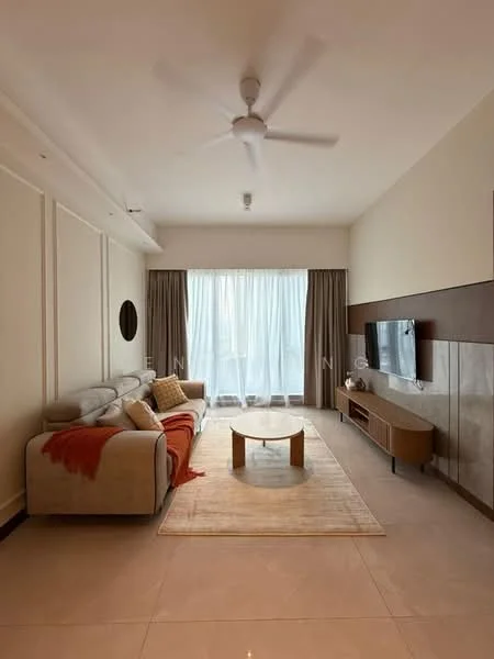 Living features: 3-seater fabric sofa in light grey, red throw blanket on sofa, coffee table with round top, area rug with neutral color, wall-mounted TV, TV console with wooden finish, floor-to-ceiling windows, sheer curtains, ceiling fan, recessed lighting, cream painted walls, tile flooring; style: modern; view: city.