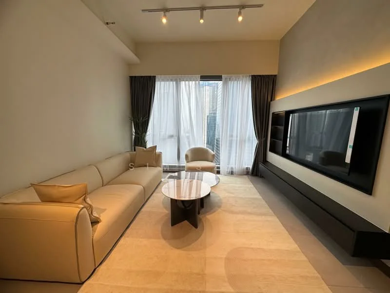 Living features: 3-seater leather sofa in beige, coffee table with black base, area rug in light color, floor-to-ceiling windows, sheer curtains, black TV console, wall-mounted TV, recessed downlights, decorative wall with lighting, plant in corner; style: modern; view: city.