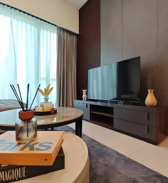 Living features: floor-to-ceiling windows, curtains, wood panel accent wall, flat-screen TV on console, dark wood TV console, round coffee table, decorative vase, decorative figurine, books on coffee table, area rug, neutral wall color, light-colored flooring; style: modern.