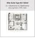 Floor plan: 3-bedroom 2-bathroom unit; features: open-plan kitchen-dining-living, master bedroom with ensuite bathroom, balcony off living room, utility room, laundry area, central foyer, 2 car porch, 1,200 sqft built-up.