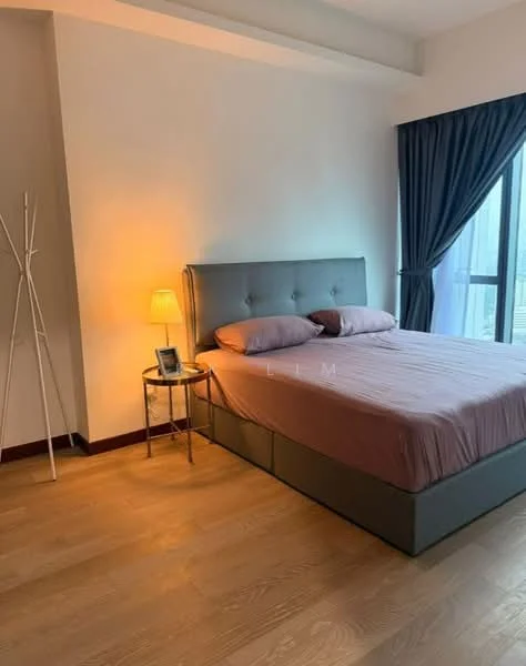 Bedroom features: king-size bed with upholstered headboard, bedding in light purple, nightstand with glass top, table lamp with warm light, floor-to-ceiling windows, curtains in dark blue, wooden flooring, decorative wall art, minimalist decor; style: modern.