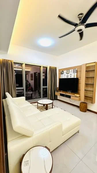 Living features: L-shape sectional sofa in white, round coffee table, wall-mounted TV, TV console with wooden finish, built-in shelving unit, floor-to-ceiling windows, sheer curtains, 5-blade ceiling fan with light, recessed lighting, light-colored tiled flooring, decorative wall art; style: modern.