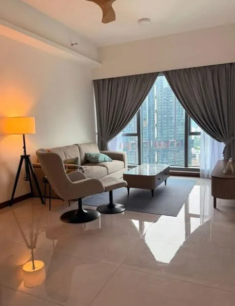 Living features: 3-seater fabric sofa in light beige, 2 armchairs with black bases, coffee table with wooden top, area rug in grey, floor-to-ceiling windows, sheer curtains, blackout curtains, lampshade floor lamp, recessed downlights, polished tile flooring, decorative cushions, view of city skyline; style: modern; view: city.