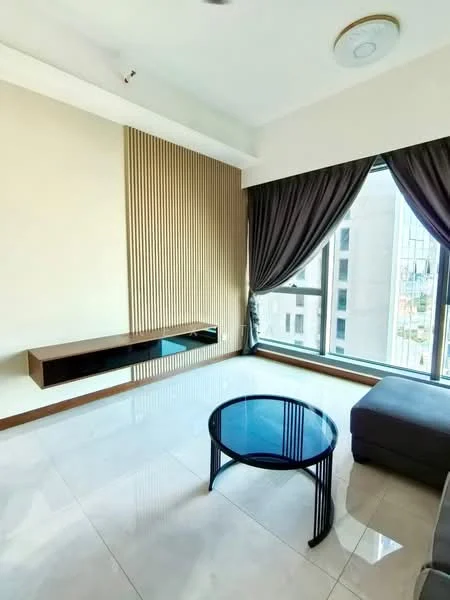 Living features: light grey sofa, black glass coffee table, wall-mounted TV console, cream painted walls, wood panel accent wall, floor-to-ceiling windows, dark curtains, marble tile flooring, recessed ceiling lights, ceiling fan; style: modern; view: city.