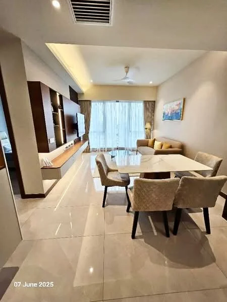 Living features: marble tile flooring, cream painted walls, recessed downlights, 5-blade ceiling fan, floor-to-ceiling windows, sheer curtains, light-colored sofa, glass dining table, upholstered dining chairs, wooden feature wall unit, decorative artwork, natural light from windows; style: modern; view: city.