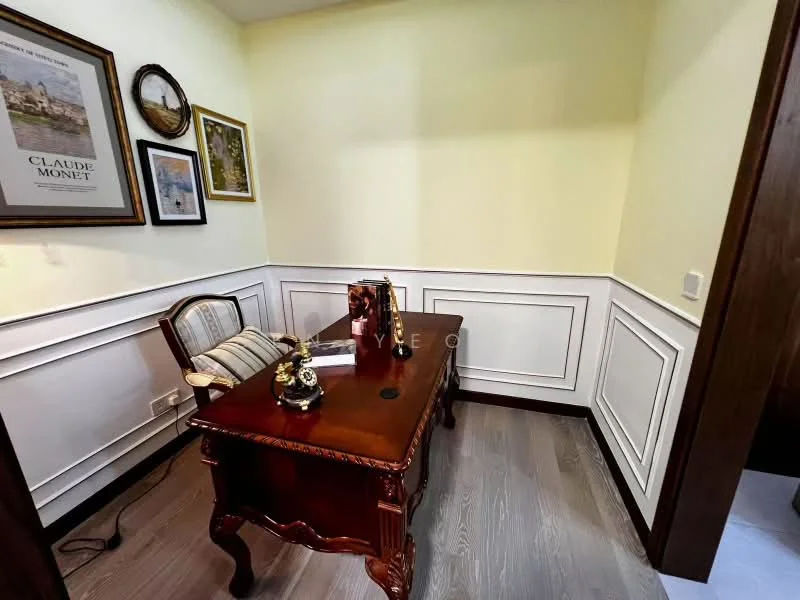 Study features: wooden desk, upholstered chair, framed artwork on walls, cream painted walls, wainscoting, laminate flooring, table lamp, decorative items on desk; style: traditional.