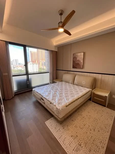 Bedroom features: king-size bed, upholstered headboard, nightstand, area rug with geometric pattern, floor-to-ceiling windows, sheer curtains, wooden flooring, ceiling fan with light, decorative wall art; style: modern; view: city.