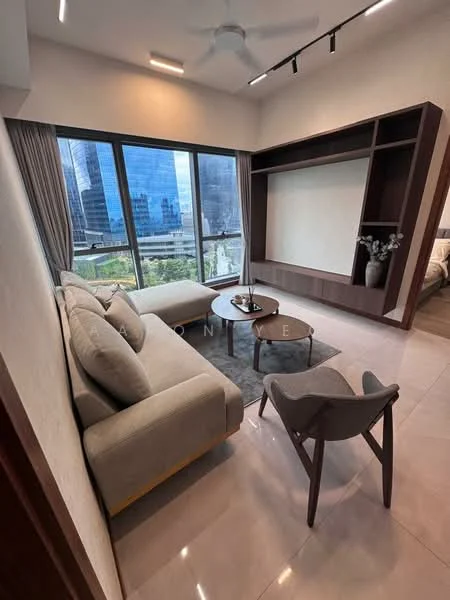 Living features: 3-seater fabric sofa in light grey, coffee table, area rug, floor-to-ceiling windows, city view, wall-mounted TV console, decorative vase, ceiling fan, recessed lighting, neutral wall colour, polished tile flooring; style: modern; view: city.