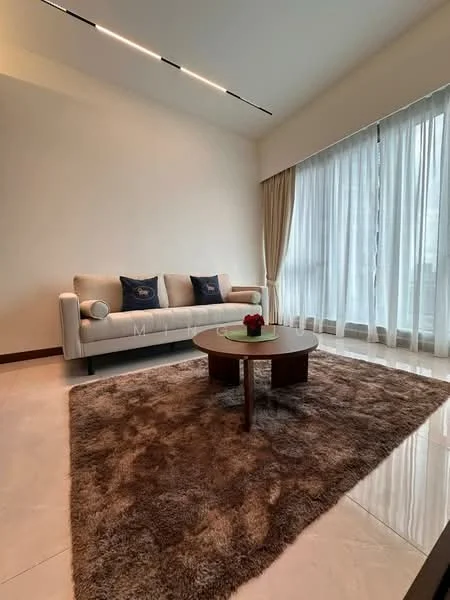 Living features: 3-seater fabric sofa in light grey, round wooden coffee table, area rug with plush texture, floor-to-ceiling windows, sheer curtains, white painted walls, recessed downlights, decorative vase with flowers; style: modern.