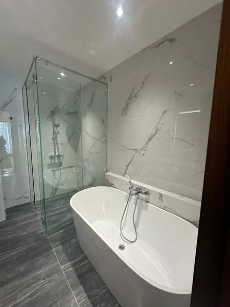 Bathroom features: freestanding bathtub, glass shower enclosure, chrome basin mixer faucet, marble wall cladding, grey tile flooring, recessed downlights, wall-mounted shower system, built-in shelving, mirror above bathtub; style: modern.