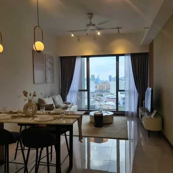 Living features: floor-to-ceiling windows, city view, 3-seater fabric sofa in light grey, round coffee table, area rug, TV console, wall-mounted TV, dining table for 4, pendant lighting, ceiling fan with light, curtains, decorative wall art, neutral wall color, polished tile flooring; style: modern.