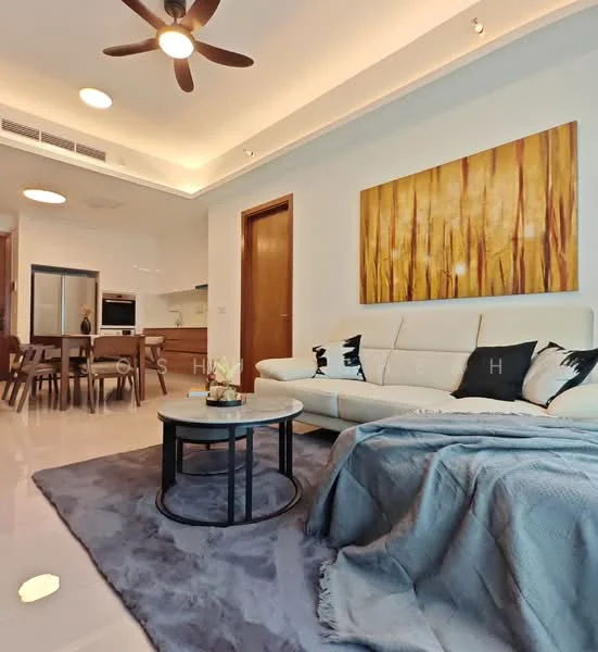 Living features: 3-seater white leather sofa, black and white decorative pillows, round coffee table with black frame, area rug with geometric pattern, ceiling fan with light, wall-mounted artwork with abstract design, recessed lighting, glossy tile flooring, open layout to kitchen and dining area; style: modern. Dining features: 4-seater wooden dining table, matching wooden dining chairs, open layout to living area, glossy tile flooring; style: modern. Kitchen features: stainless-steel refrigerator, built-in oven, wood cabinetry, countertop with bar seating, glossy tile flooring; style: modern.