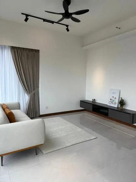 Living features: 3-seater fabric sofa in light grey, wooden coffee table, area rug in neutral color, floor-to-ceiling windows with sheer curtains, recessed LED downlights, 5-blade ceiling fan, wall-mounted TV console, decorative plant on console; style: modern.
