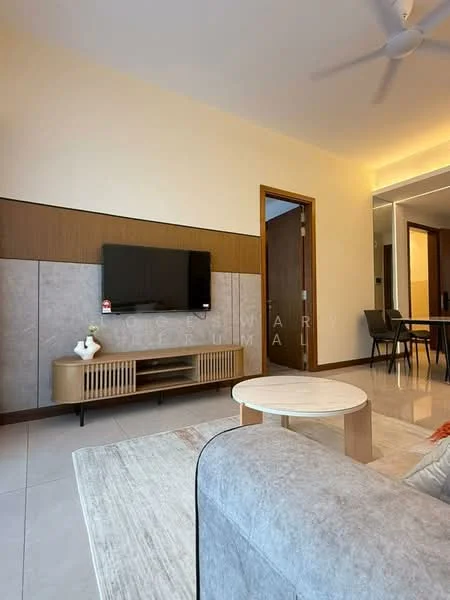 Living features: light grey fabric sofa, wooden coffee table, TV console with storage, wall-mounted flat-screen TV, cream tiled flooring, recessed lighting, ceiling fan, decorative wall paneling, neutral wall color, area rug with geometric pattern; style: modern.