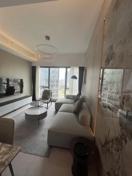 Living features: grey fabric sofa, round coffee table, TV console, wall-mounted TV, area rug with geometric pattern, large windows with city view, recessed ceiling lights, decorative wall art, light-colored walls, light-colored flooring, ceiling light fixture; style: modern; view: city.