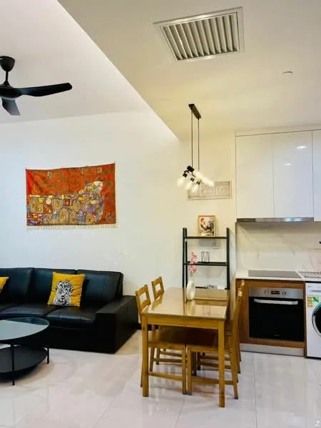 Living features: black leather sofa, yellow accent pillows, round coffee table, pendant light fixture, white painted walls, recessed ceiling lights, ceiling fan, dining table with four wooden chairs, built-in cabinetry, stainless-steel dishwasher, front-load washing machine, kitchen countertop, decorative wall art; style: modern.