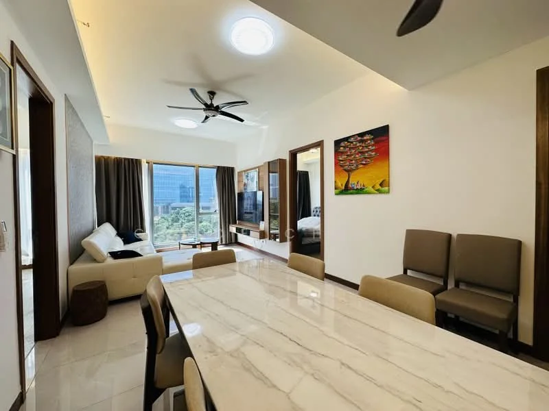 Dining features: marble dining table, 8 dining chairs, 5-blade ceiling fan, recessed downlights, white painted walls, large windows with city view, sliding glass door, decorative artwork on wall, tile flooring; style: modern; view: city. Living features: 3-seater fabric sofa, wall-mounted TV, TV console, large windows with city view, light curtains, decorative wall art, wooden accent wall, ceiling fan, tile flooring; style: modern; view: city.