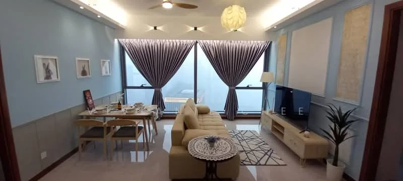 Living features: 3-seater fabric sofa in beige, coffee table with decorative tray, TV console with wall-mounted TV, area rug with geometric pattern, floor-to-ceiling windows, sheer curtains, 5-blade ceiling fan with light, wall-mounted lamp, decorative plant in ceramic pot; style: modern; view: city. Dining features: 6-seater dining table, wooden dining chairs, decorative table setting, wall art, light fixture above dining table; style: modern; view: city.
