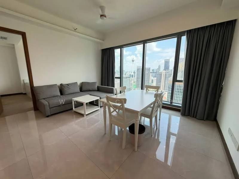 Living features: 3-seater fabric sofa in grey, white dining table, 4 white dining chairs, floor-to-ceiling windows, city skyline view, marble tile flooring, ceiling fan, curtains in dark grey; style: modern; view: city.
