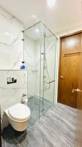 Bathroom features: glass shower enclosure, rain shower head, handheld shower, white one-piece toilet, marble wall cladding, grey tile flooring, chrome basin mixer, wall-mounted shower controls, wooden door, towel rack; style: modern.
