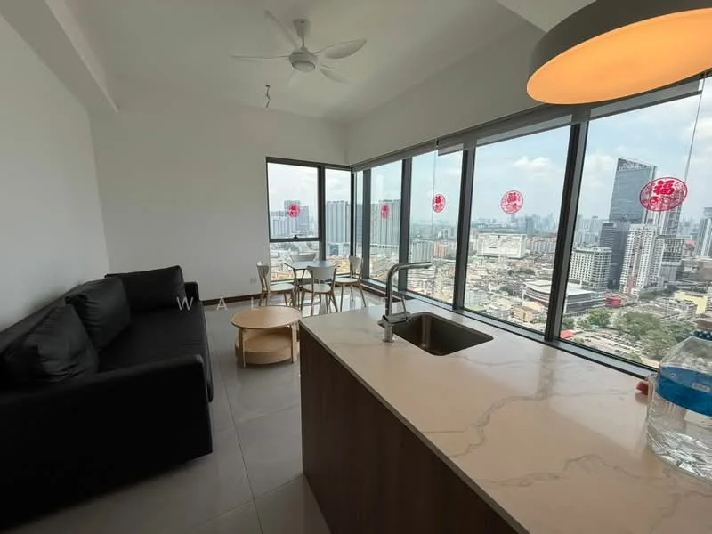 Living features: floor-to-ceiling windows, black fabric sofa, round wooden coffee table, dining table with chairs, marble countertop, single-bowl stainless-steel sink, chrome pull-down faucet, light fixture, grey tile flooring, ceiling fan with light; style: modern; view: city.