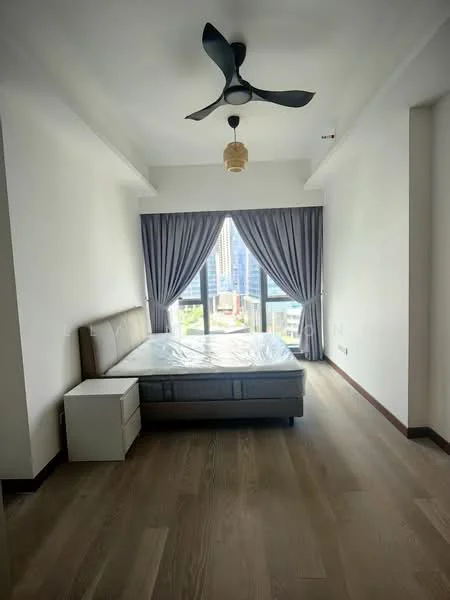 Bedroom features: queen-size bed, upholstered headboard, 2 bedside tables, floor-to-ceiling windows, grey curtains, light wood flooring, 5-blade ceiling fan with light, decorative pendant light; style: modern; view: city.