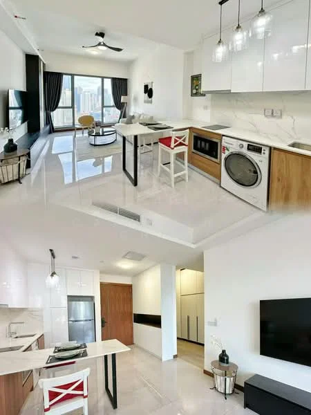 Kitchen features: white cabinetry with flat-panel doors, marble countertop, stainless-steel sink, chrome pull-down faucet, built-in oven, freestanding range oven, microwave, stainless-steel fridge, washer-dryer combo, pendant lighting, 3-blade ceiling fan, open shelving, tile backsplash, bar stools, open-plan layout; style: modern; view: city. Living features: floor-to-ceiling windows, blackout curtains, wall-mounted TV, sofa, coffee table, area rug, decorative wall art, TV console; style: modern; view: city. Hallway features: wooden door, built-in cabinets, neutral wall color, tile flooring; style: modern.