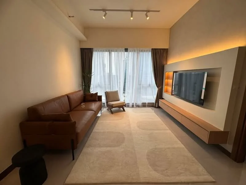 Living features: 3-seater leather sofa in brown, armchair in light fabric, coffee table, wall-mounted TV, TV console with wooden cabinetry, area rug with neutral pattern, floor-to-ceiling windows, sheer curtains, recessed downlights, decorative wall panel, plant in pot; style: modern.