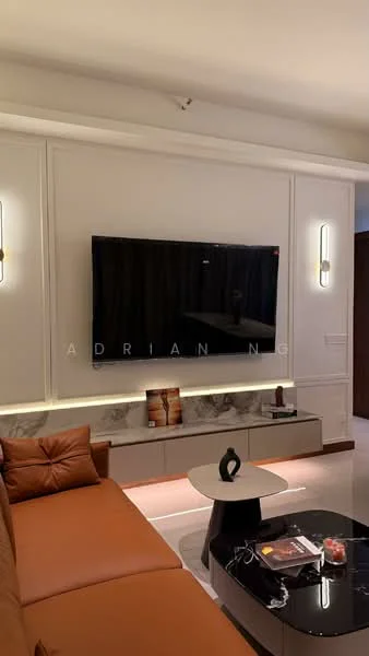 Living features: brown leather sofa, wall-mounted TV, white marble feature wall, recessed lighting, built-in cabinetry, black coffee table, decorative vase, LED strip lighting, wooden flooring, wall sconces; style: modern.