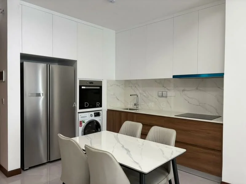 Kitchen features: white cabinetry with flat-panel doors, stainless-steel fridge, built-in oven, front-load washing machine, single-bowl stainless-steel sink, chrome pull-down faucet, marble countertop, ceramic tile backsplash, induction cooktop, 4 dining chairs, dining table with marble top, grey tile flooring; style: modern.