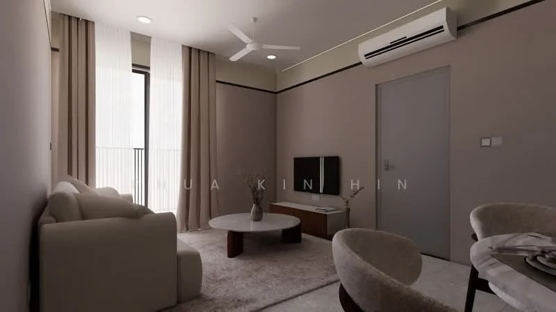 Living features: 3-seater fabric sofa in cream, round coffee table, wall-mounted TV, TV console in wood, area rug in light color, floor-to-ceiling windows, sheer curtains, ceiling fan, wall-mounted split AC, recessed downlights, decorative vase on table, neutral painted walls; style: modern.