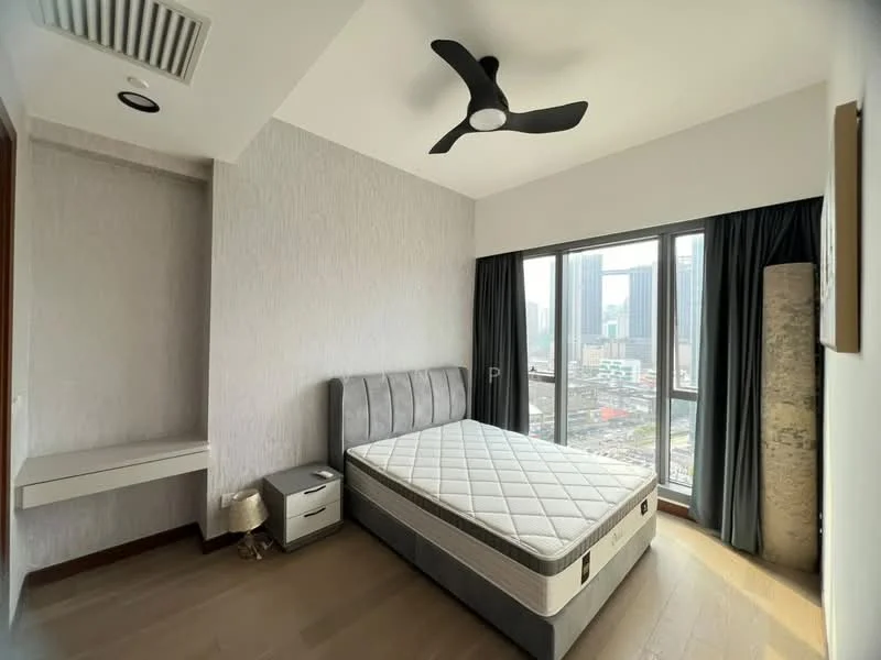 Bedroom features: queen-size bed, upholstered headboard, bedside table, table lamp, floor-to-ceiling windows, curtains, ceiling fan, light-colored walls, wooden flooring, built-in wardrobe, view of city skyline; style: modern; view: city.