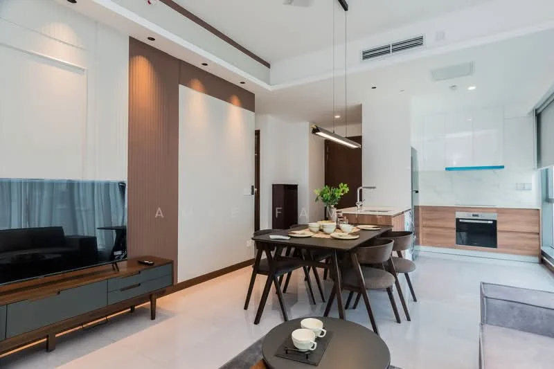 Living features: light grey tiled flooring, white painted walls, wood accent wall, floor-to-ceiling windows, black TV console, wall-mounted TV, dining table with 6 chairs, modern pendant lighting, decorative plant on table, open-plan layout to kitchen, recessed ceiling lights; style: modern. Kitchen features: white cabinetry, wooden cabinetry, built-in oven, stainless-steel range hood, kitchen island, blue backsplash, recessed downlights; style: modern.