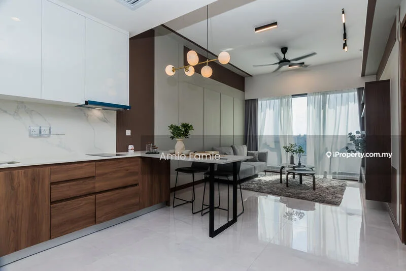 Kitchen features: white cabinetry, wooden cabinetry, marble countertop, stainless-steel sink, chrome pull-down faucet, built-in oven, induction hob, refrigerator; style: modern. Living features: sofa in light grey, coffee table, area rug with geometric pattern, floor-to-ceiling windows, ceiling fan with light, wall-mounted TV, decorative mirror; style: modern; view: city.