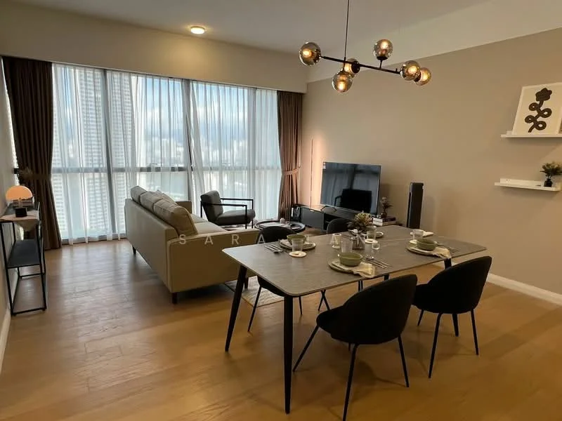 Living features: floor-to-ceiling windows, grey fabric sofa, coffee table, wall-mounted TV, black entertainment unit, wooden flooring, recessed downlights, decorative wall shelf, area rug, dining table with four chairs, decorative plant, modern pendant light; style: modern; view: city.
