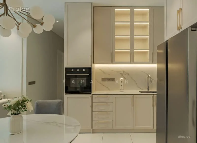 Kitchen features: white cabinetry with gold handles, marble countertop, built-in oven, stainless-steel fridge, single-bowl stainless-steel sink, chrome pull-down faucet, backlit upper cabinets, ceramic tile flooring, recessed LED downlights, pendant light fixture, round dining table, upholstered dining chairs; style: modern.