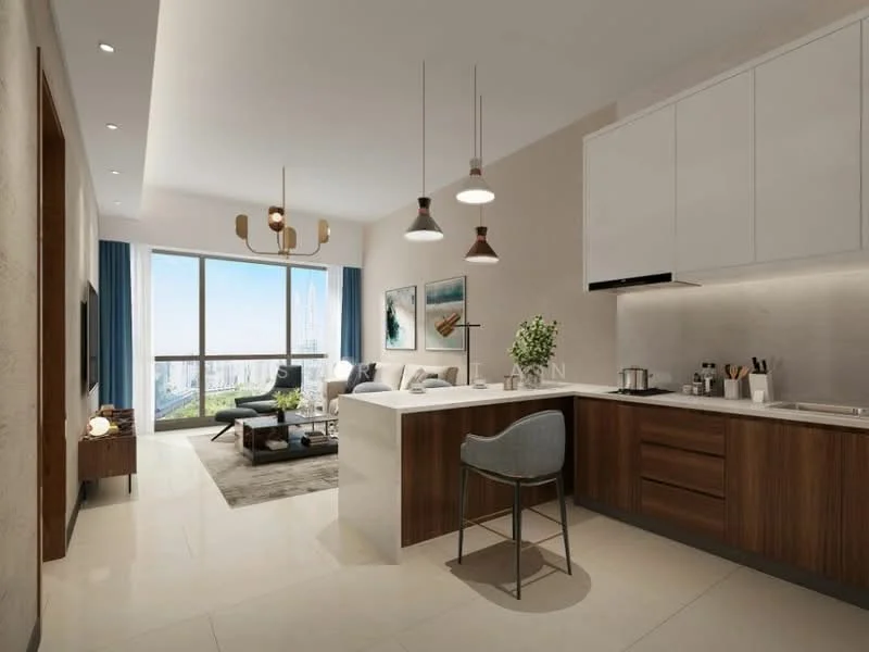 Living features: floor-to-ceiling windows, city view, light grey painted walls, white ceiling with recessed downlights, 3-blade ceiling fan, chandelier with multiple bulbs, grey fabric sofa, coffee table, TV console, wall-mounted TV, decorative artwork, area rug with geometric pattern, open kitchen layout, bar stools, kitchen island with white countertop, wood cabinetry; style: modern; view: city.