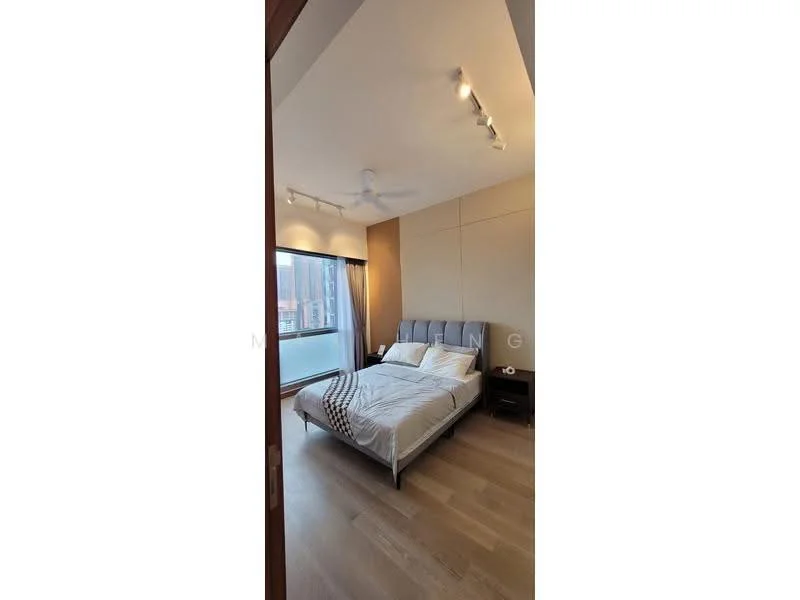 Bedroom features: king-size bed, upholstered headboard, bedside table, floor-to-ceiling window, sheer curtains, 5-blade ceiling fan, recessed downlights, wooden flooring, decorative wall paneling; style: modern; view: city.