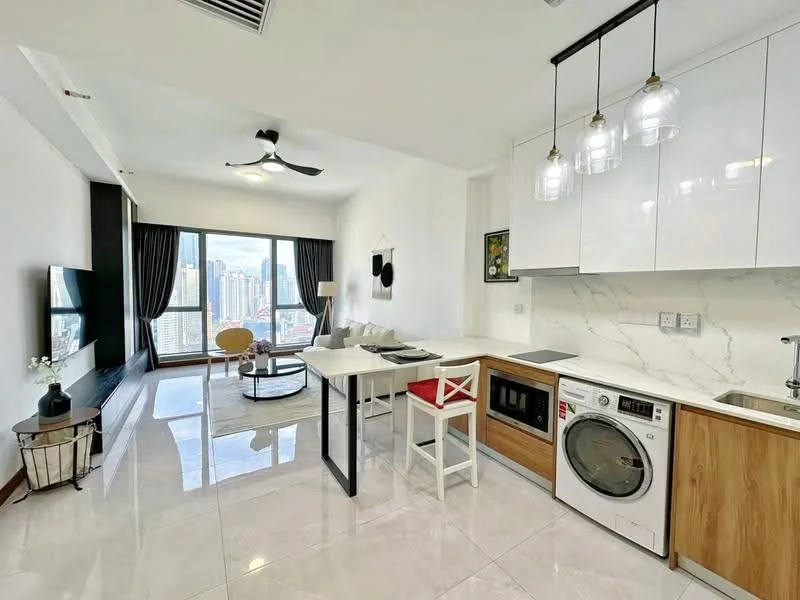 Living features: 5-blade ceiling fan with light, floor-to-ceiling windows, white painted walls, marble tile flooring, sofa in white, coffee table, TV console, wall-mounted TV, decorative mirror, area rug with geometric pattern, open shelving, dining table with 2 chairs, built-in cabinetry, stainless-steel microwave, stainless-steel washing machine; style: modern; view: city.