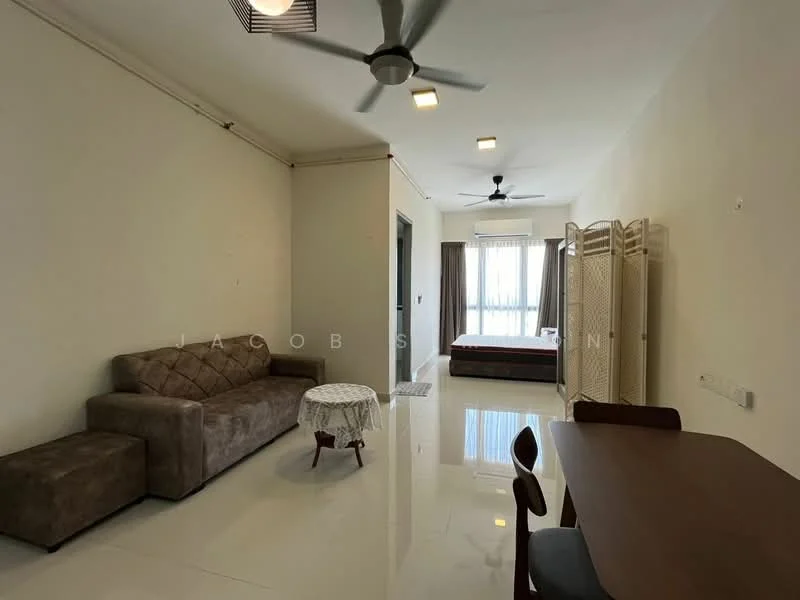 Living features: 3-seater fabric sofa in brown, round coffee table, dining table with chairs, ceiling fan, wall-mounted air conditioning unit, large window with sheer curtains, white painted walls, glossy tile flooring, decorative room divider, natural light from window; style: modern.
